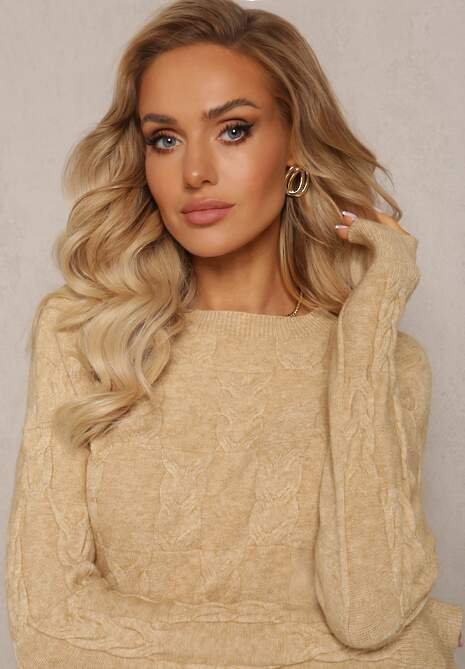 Beżowy Warkoczowy Sweter z Długim Rękawem i Ściągaczami Kaviss