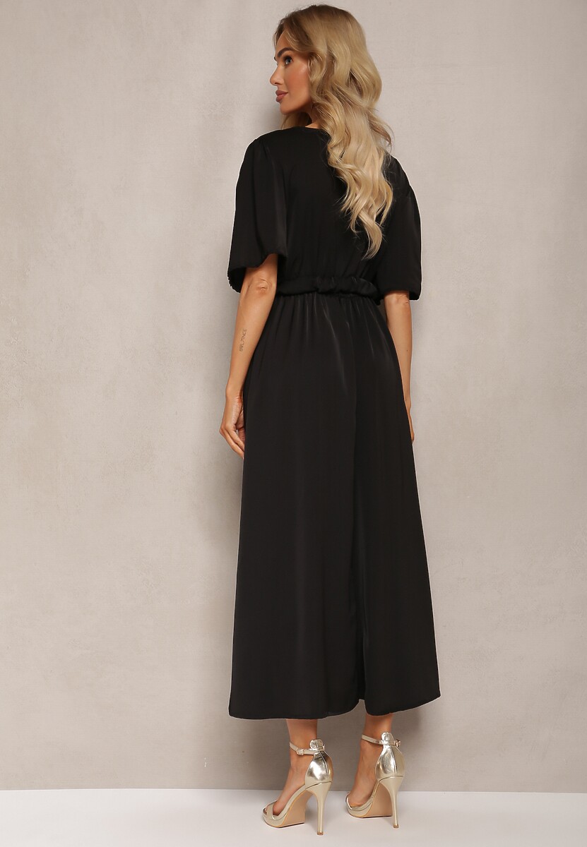 Czarna Sukienka o Kopertowym Kroju z Marszczoną Gumką i Paskiem w Talii Dariane
