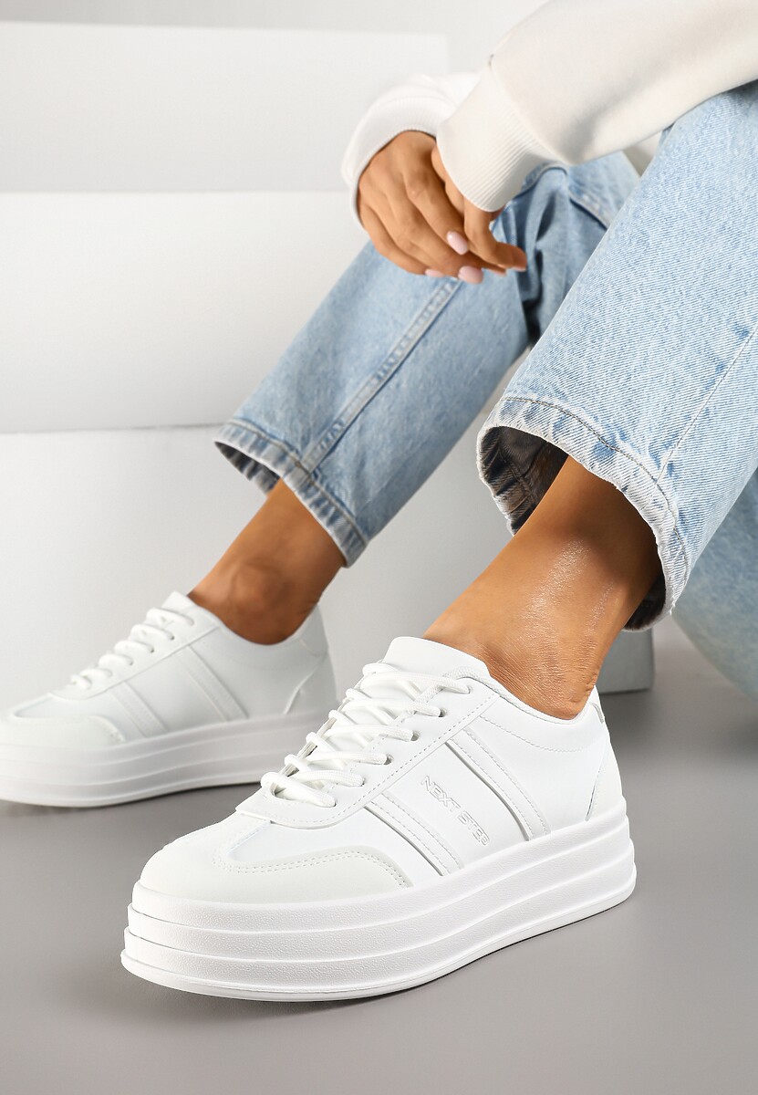 Biało-Złote Sneakersy w Stylu Kultowych Tenisówek na Grubej Podeszwie Agerla