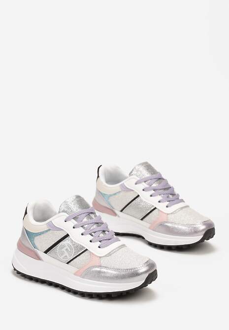 Biało-Srebrne Sznurowane Sneakersy z Brokatem i Siateczką na Grubej Podeszwie Leviria