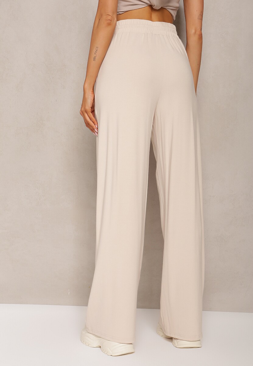 Jasnobeżowe Dresowe Spodnie z Bawełny z Wysokim Stanem i Sznurkiem Letenti