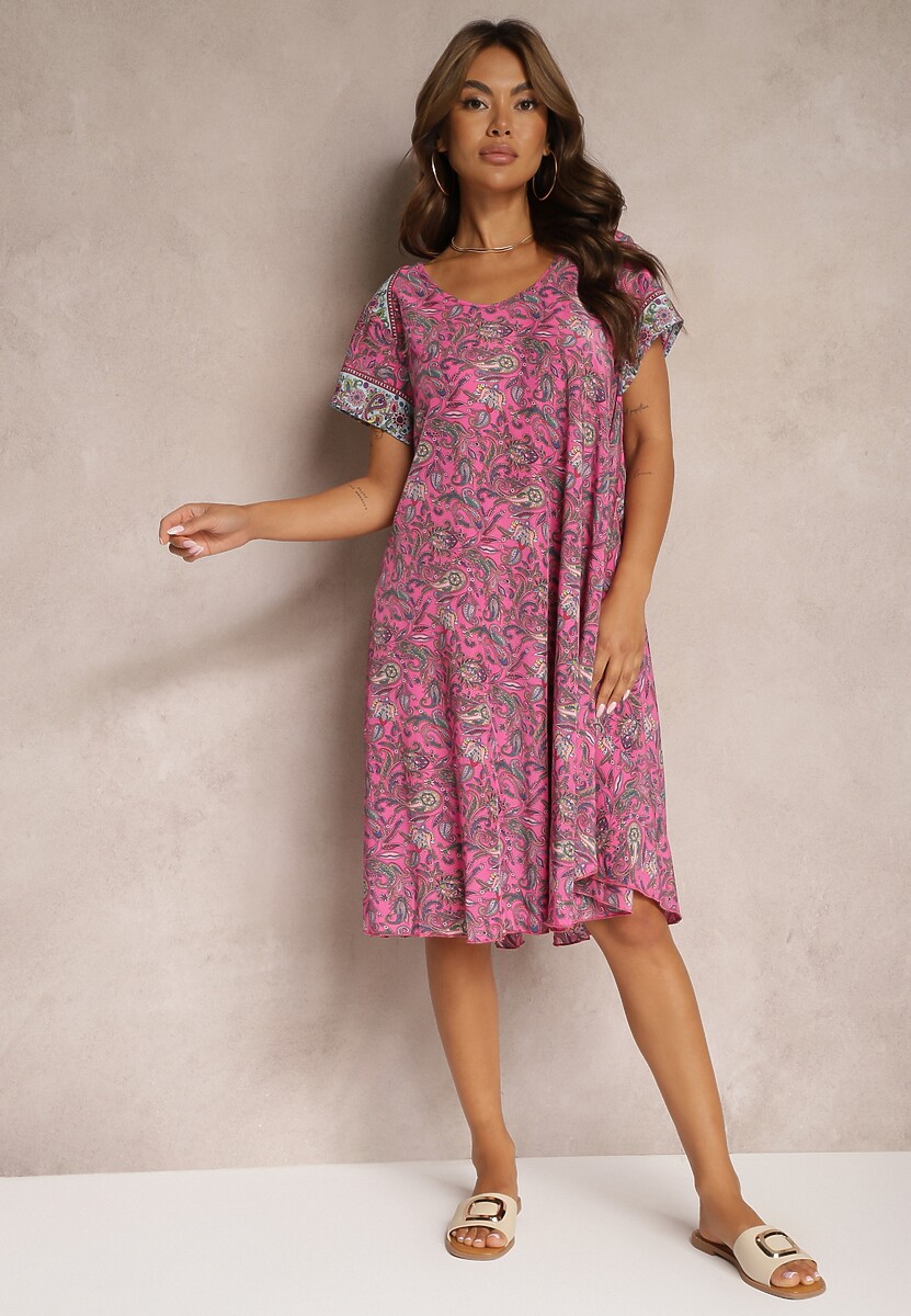 Zielona Rozkloszowana Sukienka z Wiskozy w Kwiaty Rivanira