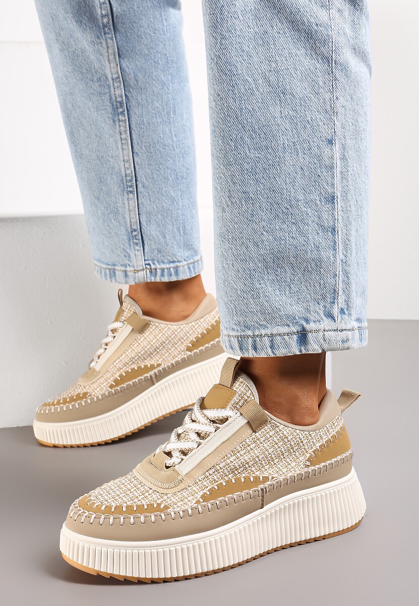 Ciemnobeżowe Tweedowe Sneakersy na Platformie z Przeszyciem Orilenes