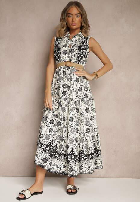 Czarna Koszulowa Sukienka Bez Rękawów z Bawełny z Paskiem z Klamrą Mirasitia