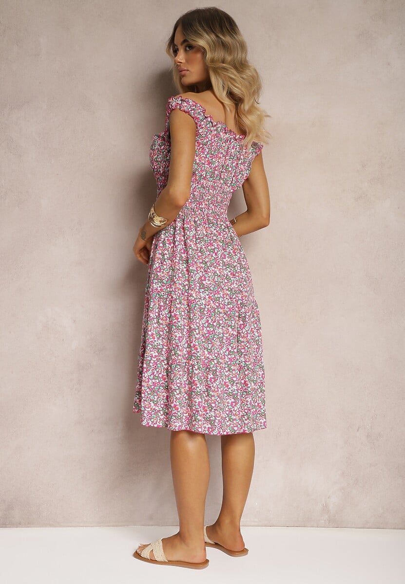 Różowa Taliowana Sukienka Bawełniana o Rozkloszowanym Kroju z Gumką w Pasie Nelyssa