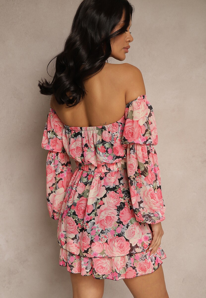 Czarna Sukienka Hiszpanka z Wiskozy w Kwiaty z Paskiem i Falbanami Zelmoi