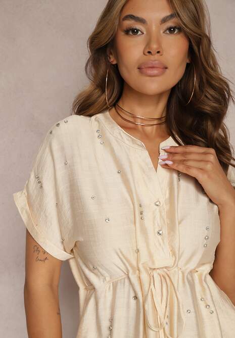 Beżowa Sukienka Pudełkowa z Troczkiem w Talii i Zdobiona Cyrkoniami Quilefia