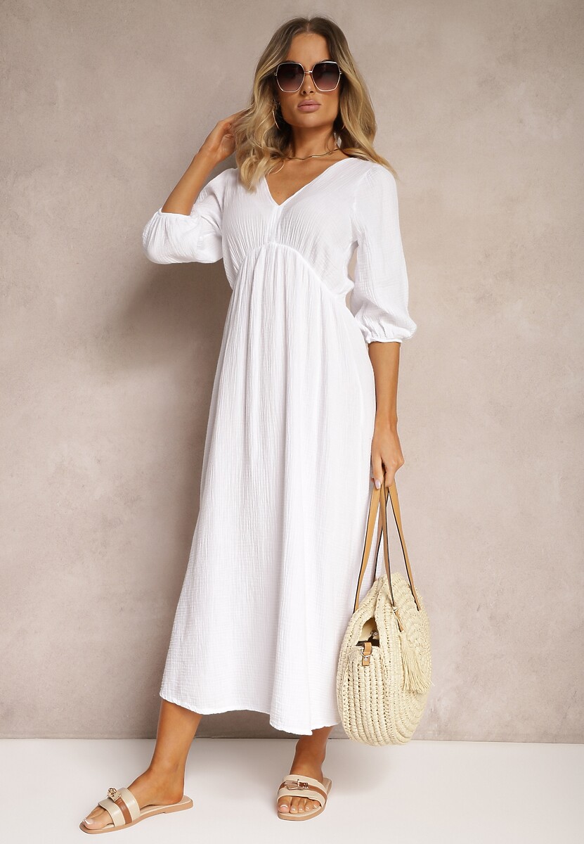 Biała Sukienka z Bawełny Ozdobiona Wiązaniem i Gumką w Pasie Wlarina