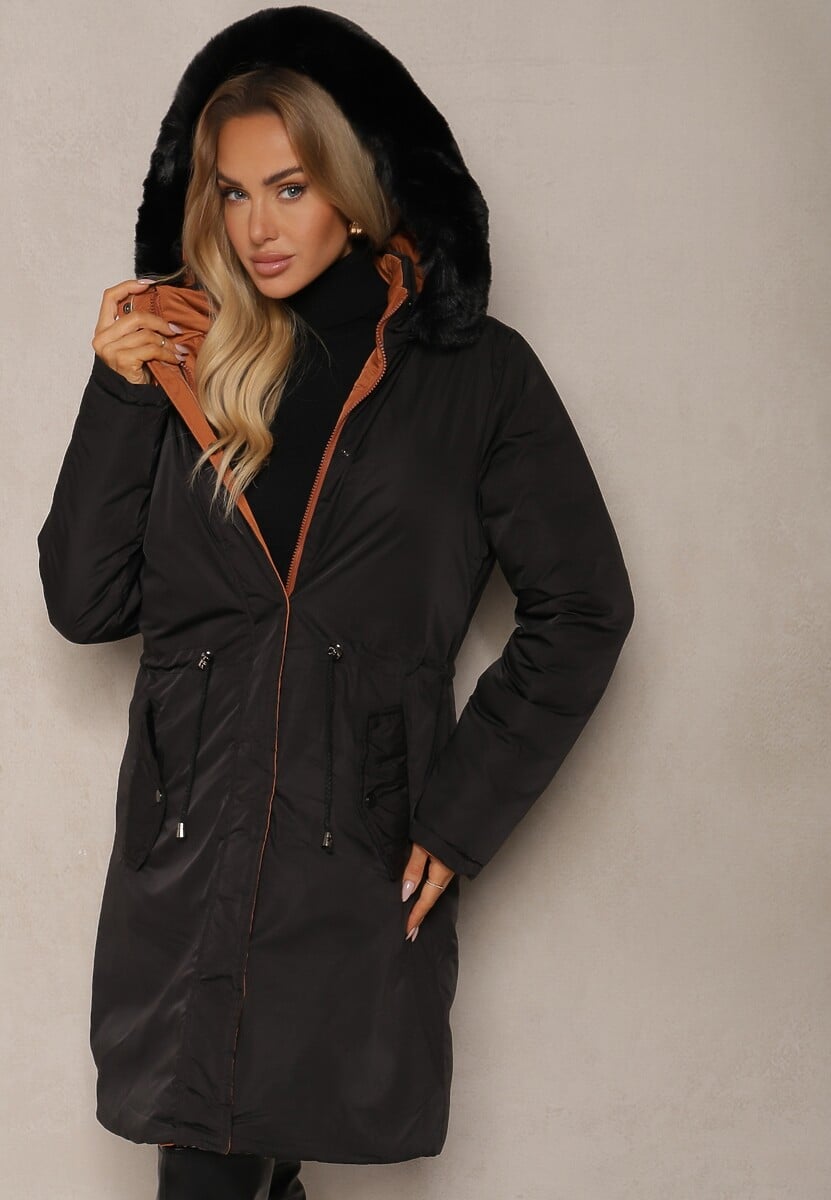 Szaro-Czarna Długa Kurtka Płaszcz o Dwustronnym Fasonie z Kapturem Astrae