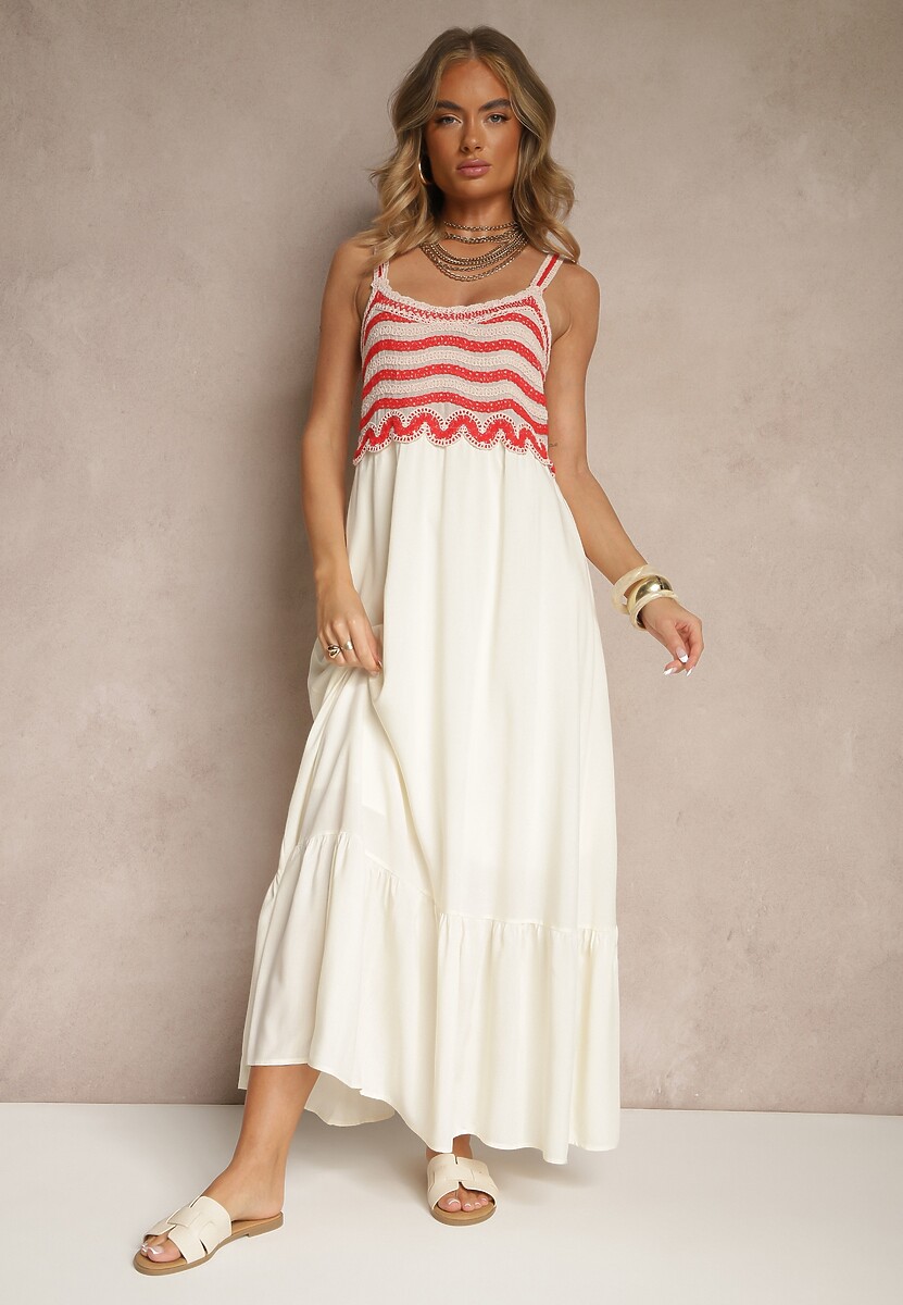 Beżowa Wiskozowa Sukienka z Haftami na Ramiączkach o Rozkloszowanym Kroju Efralisse