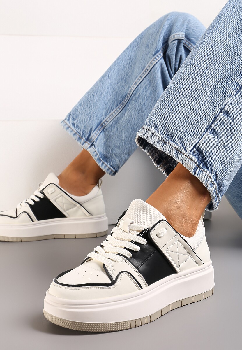 Biało-Czarne Sznurowane Sneakersy ze Skóry z Ozdobnymi Przeszyciami na Niskiej Platformie Glenita