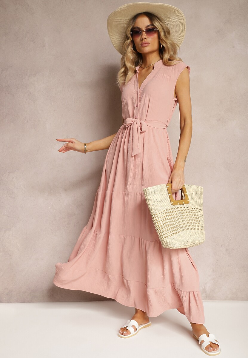 Ciemnoróżowa Sukienka z Paskiem w Talii o Rozkloszowanym Fasonie bez Rękawów Ellasin