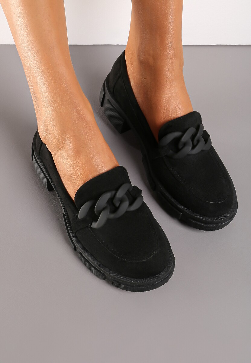 Czarne Mokasyny ze Skórzaną Wkładką i Łańcuchem Forote