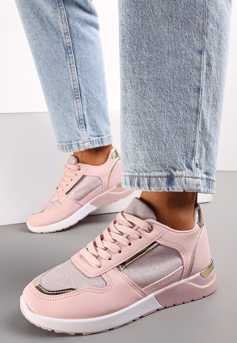 Różowe Płaskie Sneakersy Sznurowane z Brokatowymi Wstawkami Raflia