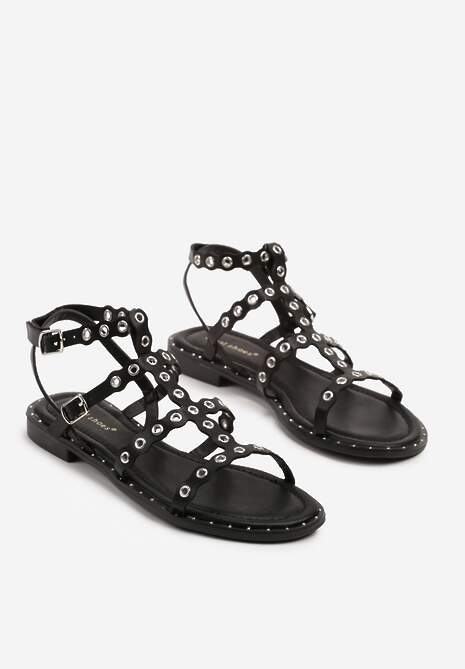Czarne Sandały Ozdobione Nitami na Falowanych Paseczkach Divess