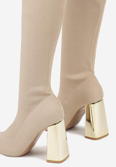 Ciemnobeżowe Skarpetkowe Kozaki Vices na Słupku z Metalicznym Połyskiem Tuvitte