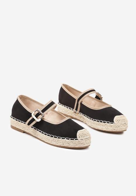 Czarne Espadryle Ozdobione Plecionką i Paskiem Olirane