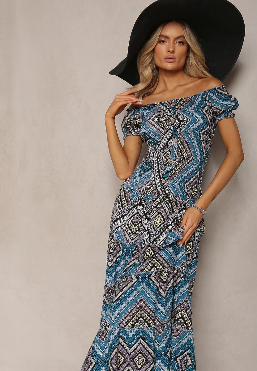 Ciemnozielona Sukienka Hiszpanka Boho z Bawełny z Gumką w Talii Lovedia