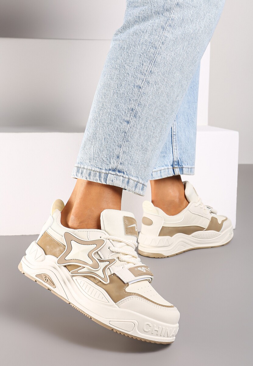 Beżowo-Czarne Sneakersy na Platformie z Grubymi Sznurowadłami i Zapięciem na Rzep Arlaia