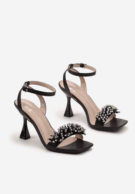 Czarne Sandały z Cyrkoniami na Szpilce w Kształcie Klepsydry Xittima
