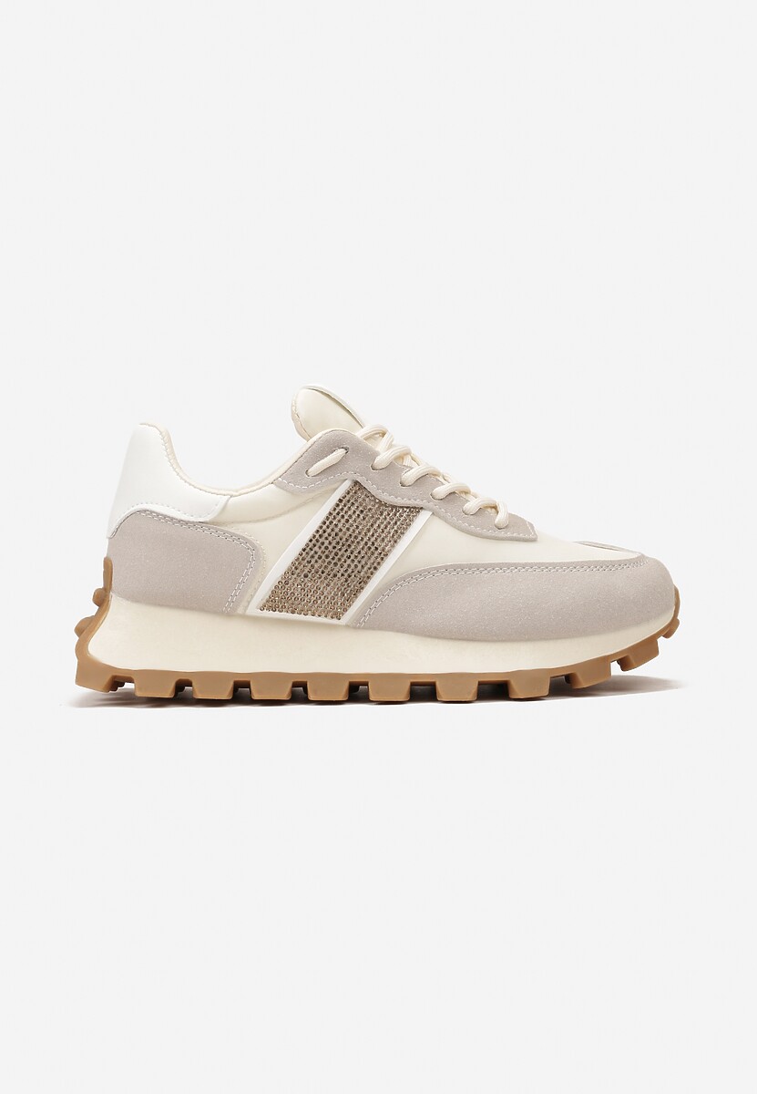 Beżowe Sneakersy z Szerokim Protektorem i Brokatową Naszywką Thesalia