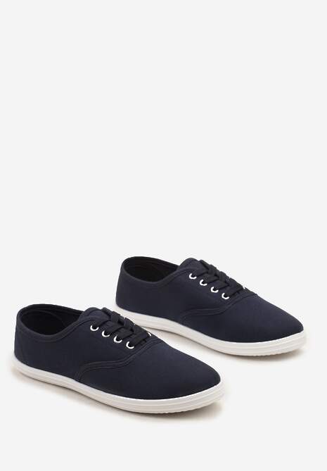 Granatowe Sznurowane Tenisówki na Płaskiej Podeszwie z Materiału w Kropki Harnisa