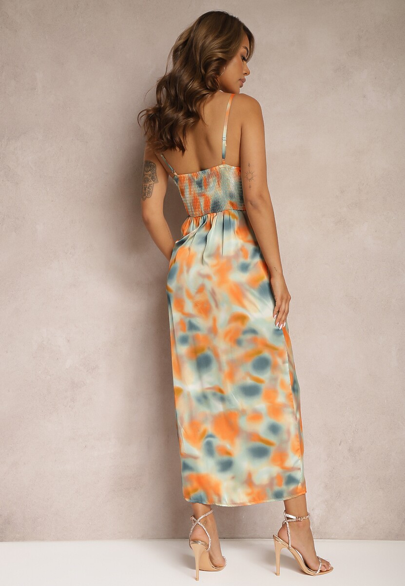 Pomarańczowo-Zielona Kopertowa Sukienka na Cienkich Ramiączkach o Satynowym Wykończeniu z Marszczeniami Vikida