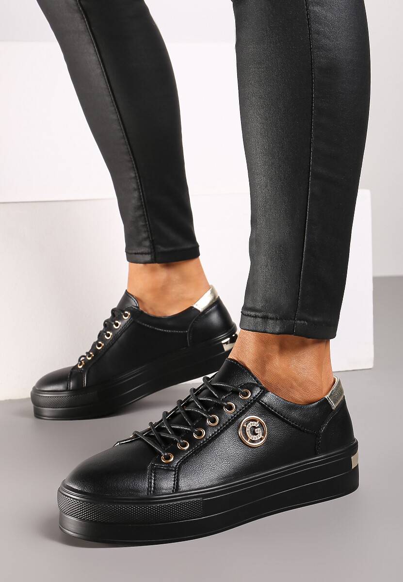 Czarne Skórzane Sneakersy Sznurowane na Niskiej Platformie z Cyrkoniami Dorianlle