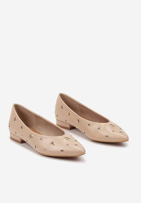 Beżowe Czółenka na Niskim Obcasie Ozdobione Metalicznymi Kółeczkami Erisellea