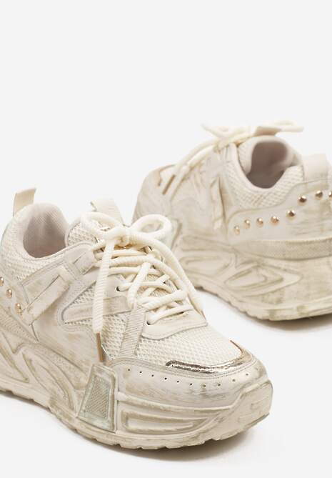 Beżowe Sneakersy na Tłoczonej Platformie z Metalicznymi Wstawkami Eradira