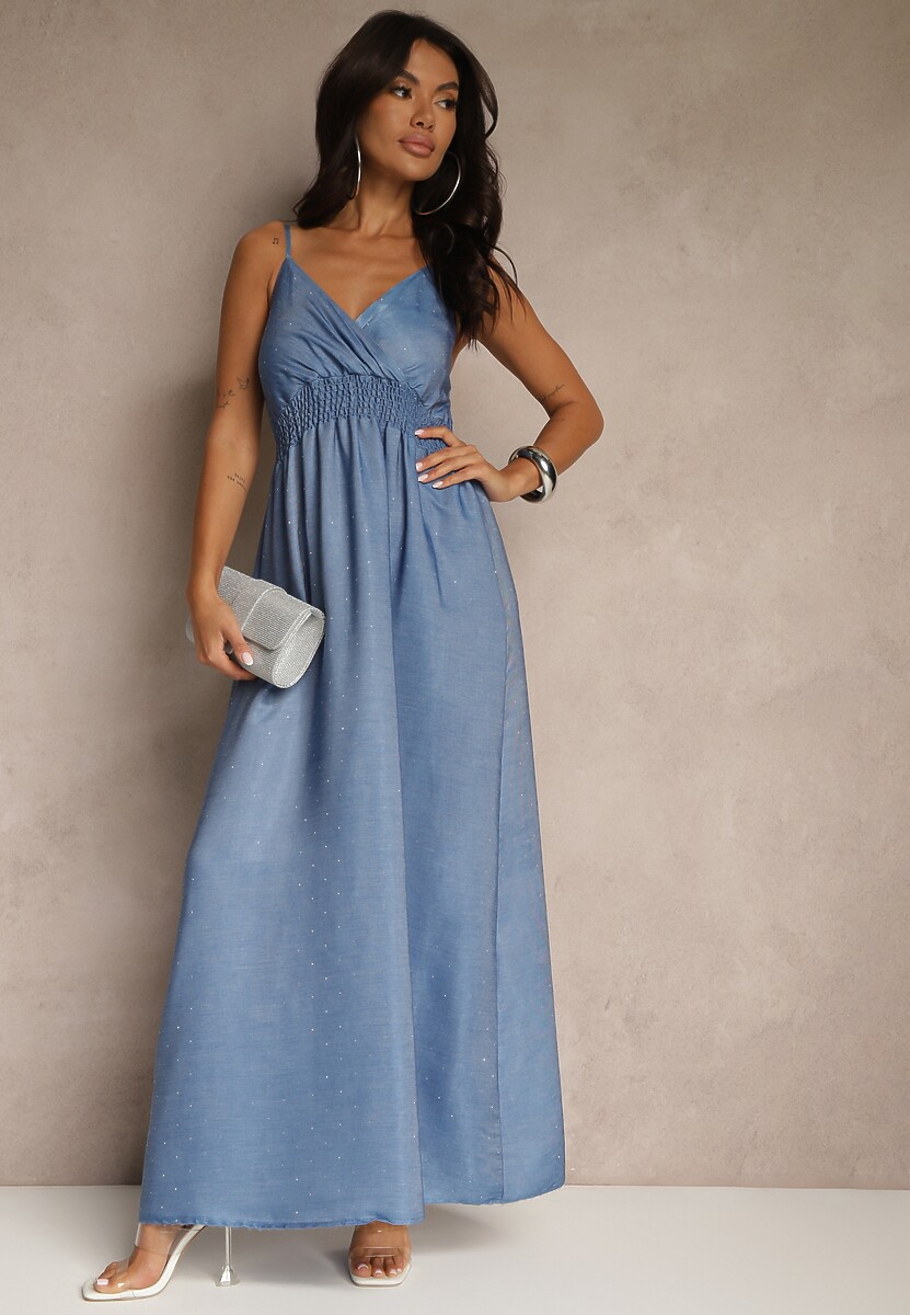 Niebieska Wiskozowa Sukienka o Kopertowym Kroju na Ramiączkach z Cyrkoniami Aravice