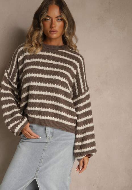 Brązowy Oversizowy Sweter w Paski z Dzianiny z Wełną i Wiskozą Aventole