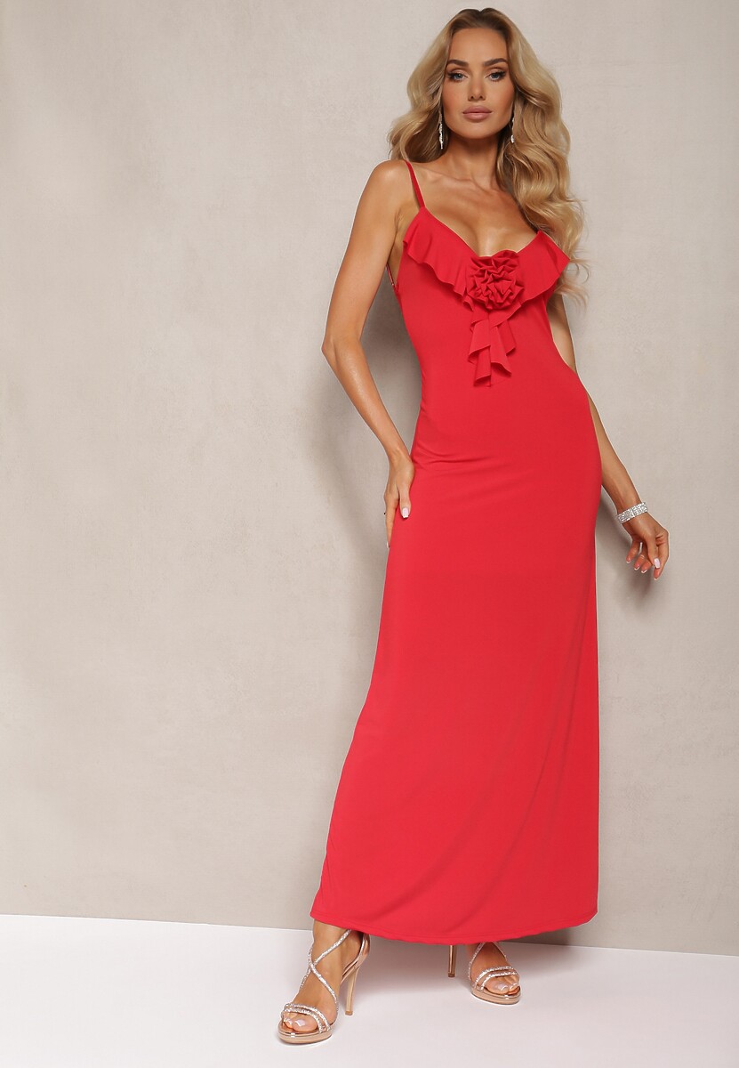 Biała Sukienka Koktajlowa o Dopasowanym Kroju z Ozdobną Broszką Kwiatkiem i Falbaną Vikassa