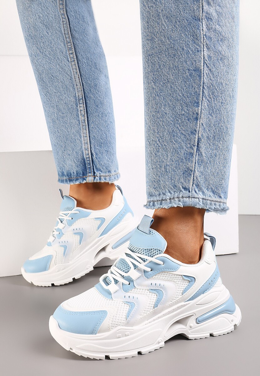 Biało-Niebieskie Sneakersy na Grubej Podeszwie z Metalicznymi Wstawkami Seta