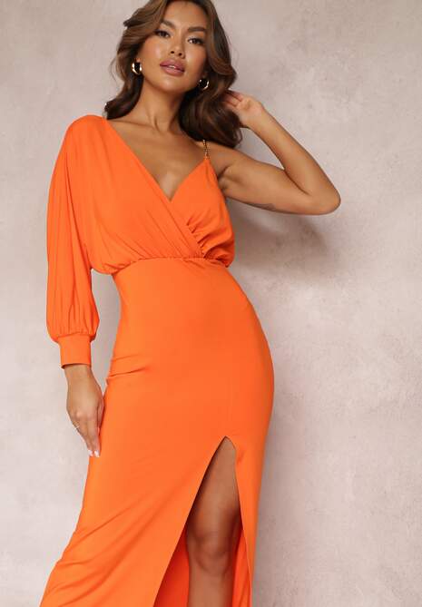 Pomarańczowa Asymetryczna Sukienka z Gumką w Pasie i Łańcuszkiem Przy Ramieniu Jisse