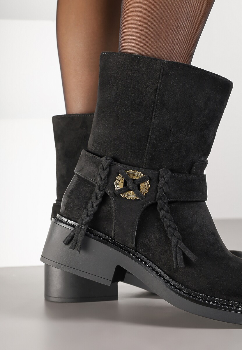 Czarne Botki Bikery z Guzikiem i Sznurkami Alissarie