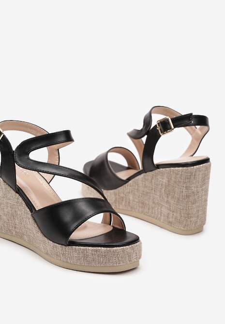 Czarne Sandały z Ekoskóry na Koturnie Zapinane na Sprzączkę Moanis
