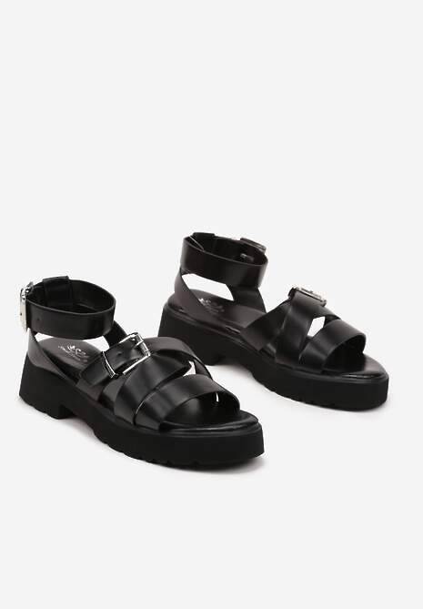 Czarne Sandały Typu Gladiatorki ze Sprzączkami Ilimessa