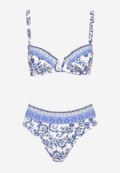 Niebieskie Bikini Zdobione Ornamentalnym Printem Biustonosz i Figi Mirulea