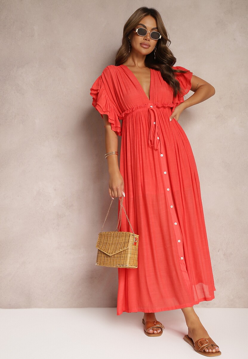 Czerwona Bawełniana Sukienka z Gumką w Talii i Falbankami Rivatia