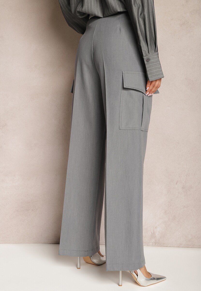 Ciemnoszare Szerokie Spodnie High Waist w Eleganckim Stylu z Kieszeniami Cargo Dekanna