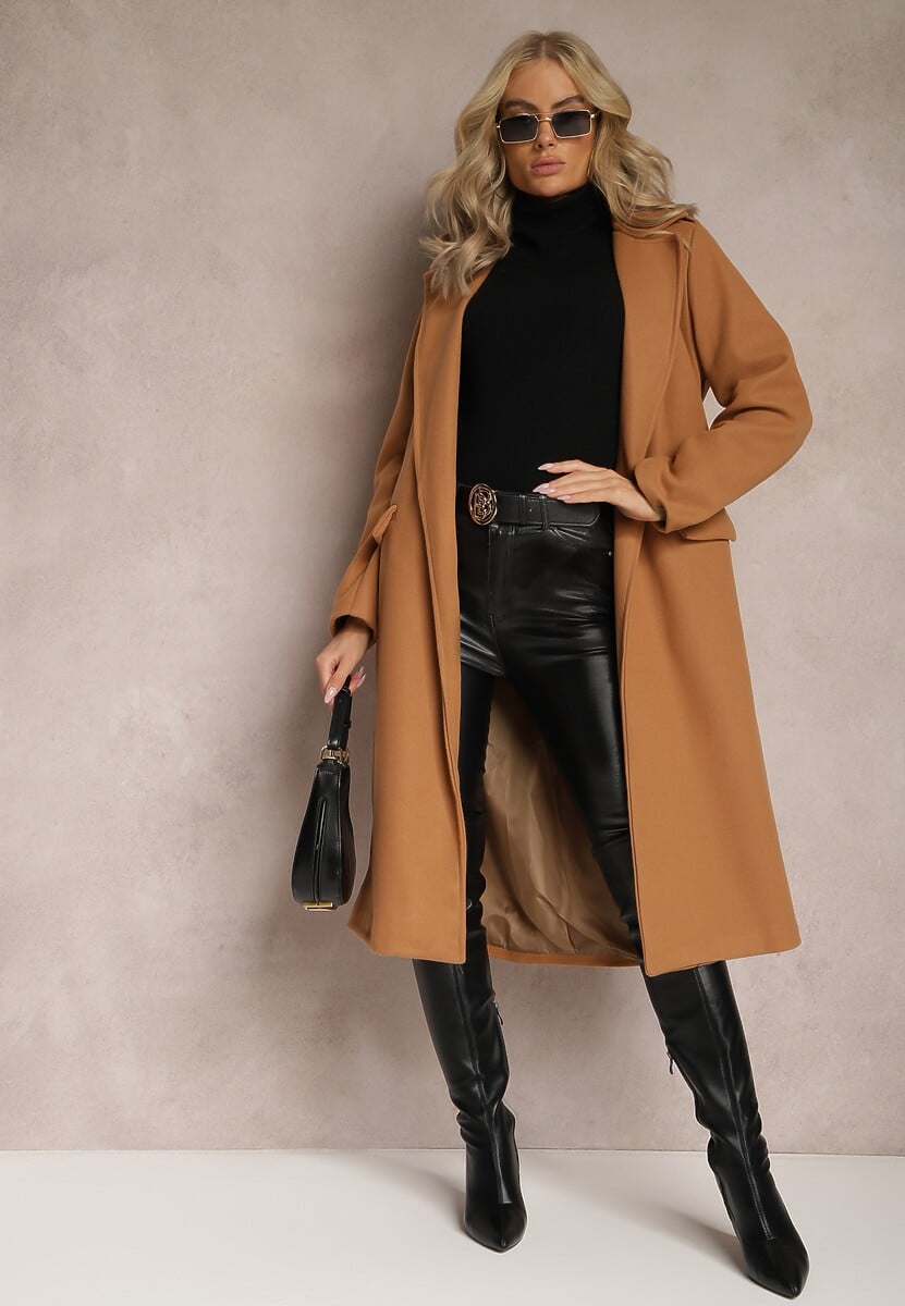 Ciemnobeżowy Taliowany Płaszcz z Wiązanym Paskiem Seraphique