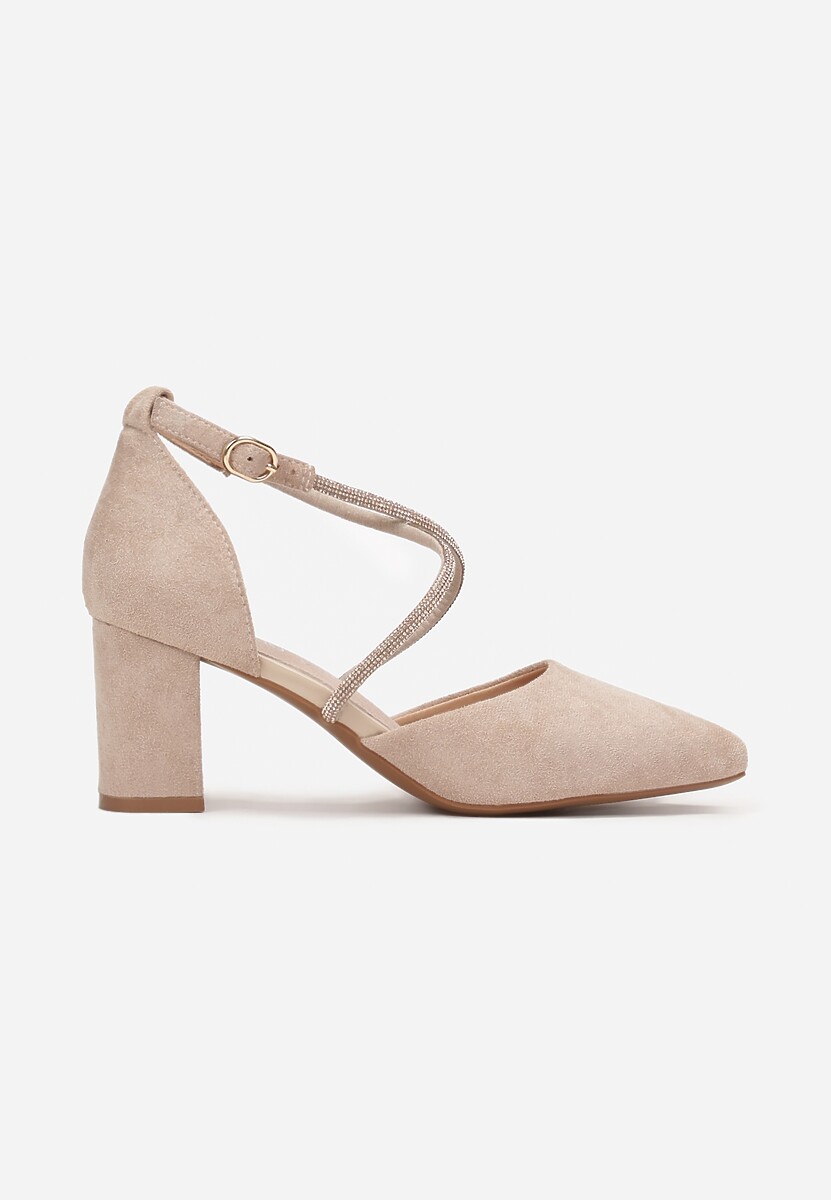 Jasnobeżowe Czółenka na Słupku z Paskami z Cyrkoniami i Szpiczastymi Noskami Jarise