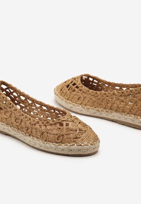 Brązowe Balerinki z Imitacji Skóry o Plecionym Fasonie ze Sznurowaniami Wokół Kostki Elluna