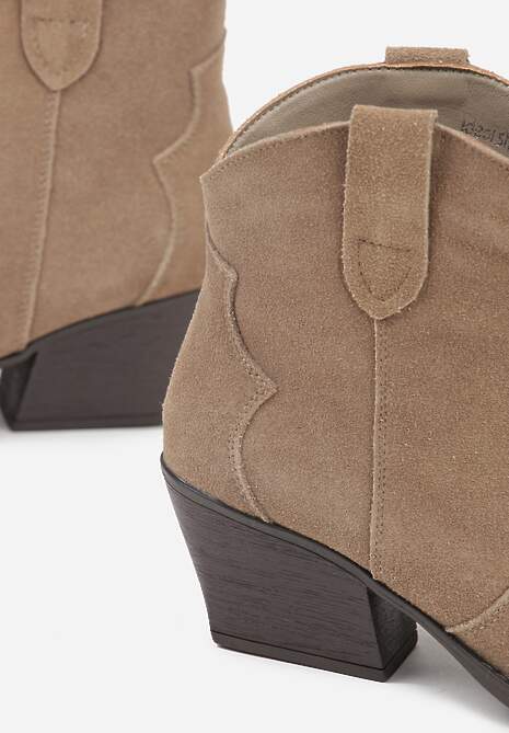 Ciemnobeżowe Botki Kowbojki na Stożku ze Skóry Naturalnej Liravetta