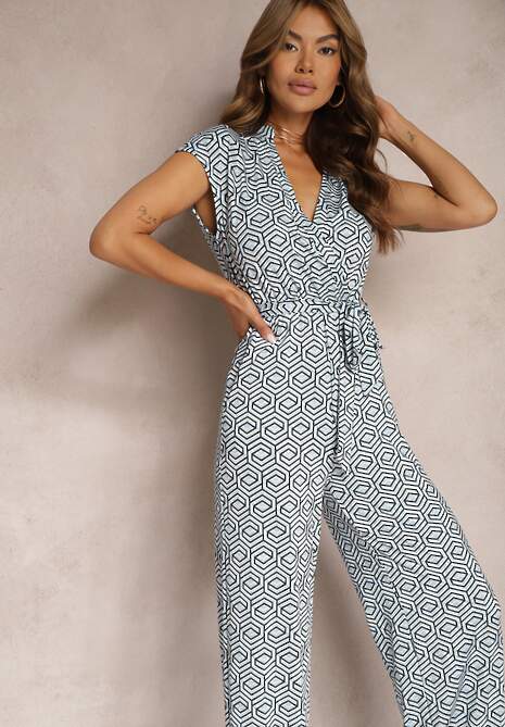 Niebieski Kombinezon z Dodatkiem Wiskozy z Wiązaniem w Talii w Geometryczny Wzór Trosofia