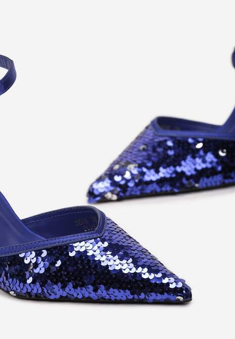 Granatowe Satynowe Czółenka na Klepsydrowej Szpilce Ozdobione Cekinami Asuniza