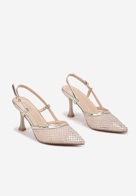 Złote Sandały na Szpilce z Odkrytą Piętą Siateczką i Cyrkoniami Arilen