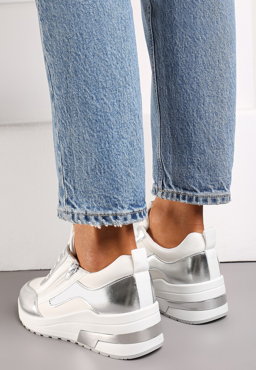 Biało-Srebrne Sneakersy z Ekoskóry z Połyskującymi Detalami i Ozdobnym Zamkiem Raviles