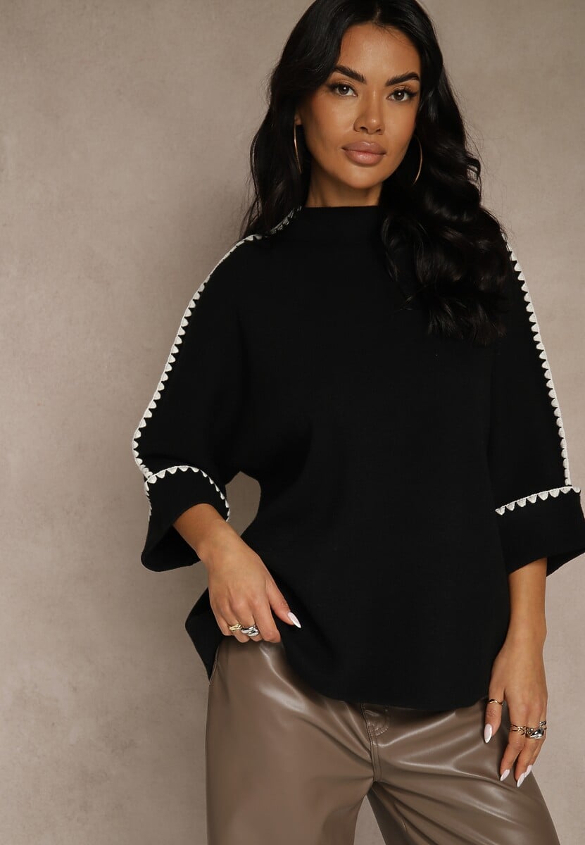 Szary Sweter Ozdobiony Lamówką na Rękawach Tusenna